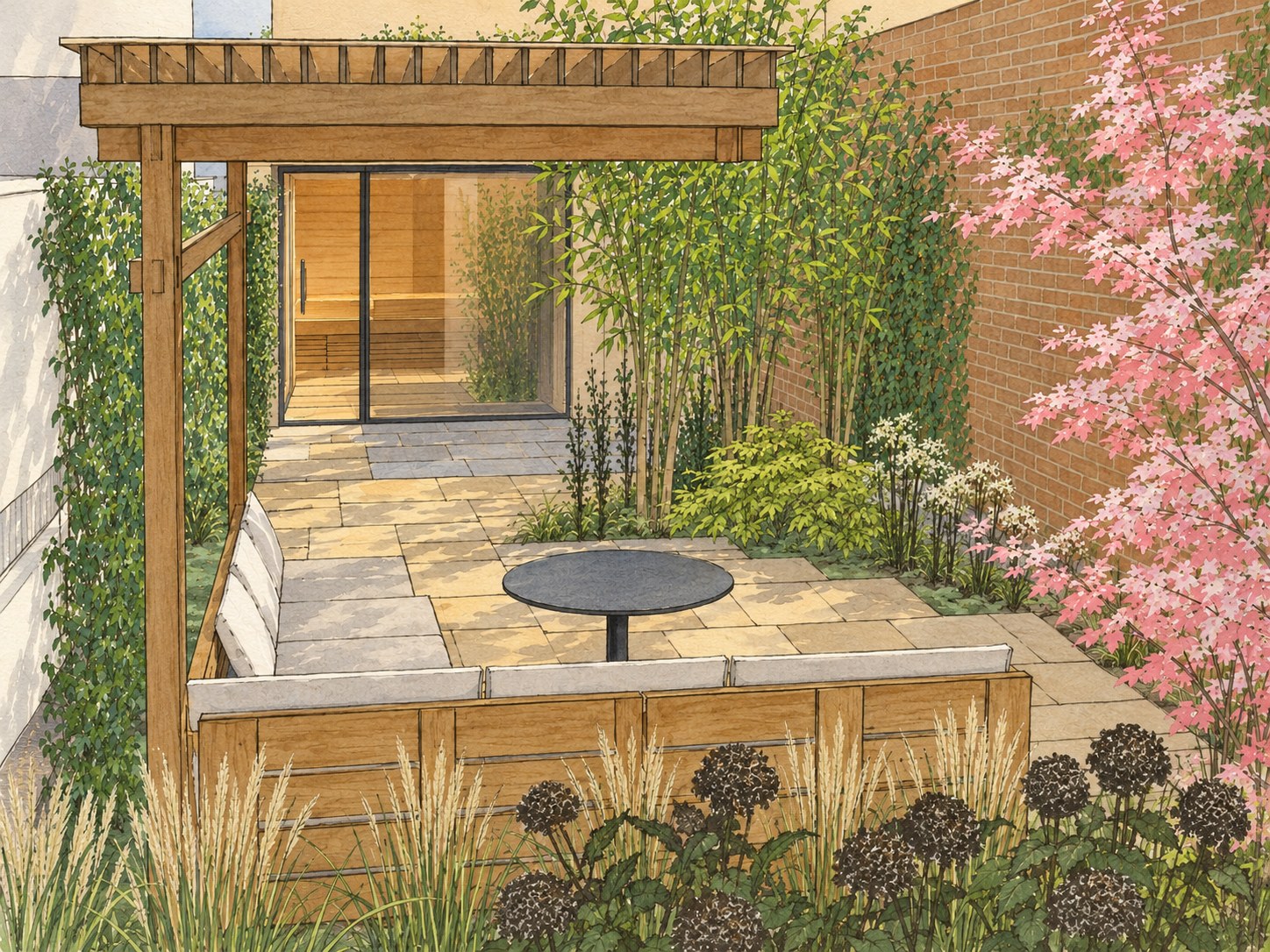 Návrh soukromé zahrady v Hradci Králové – pergola a sauna